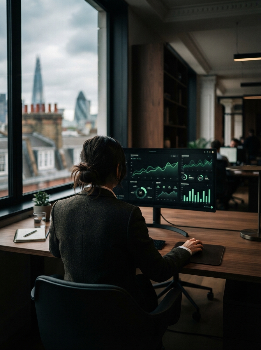 Korak Taher analysing organic search analytics at a London studio desk